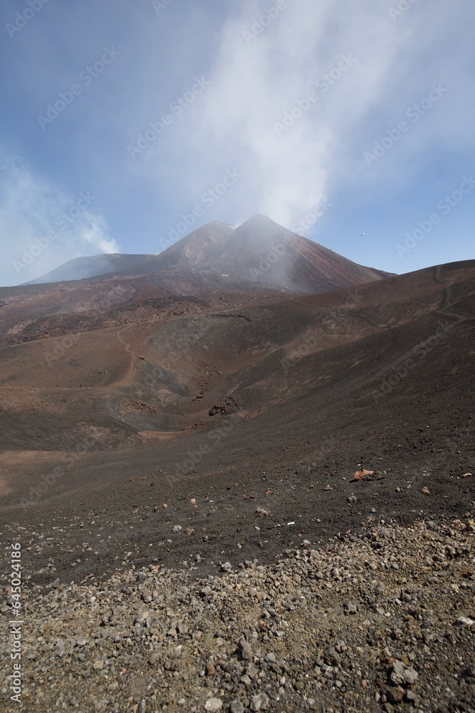 Etna national park panoramic view of volcanic landscape with crater, Catania, Sicily