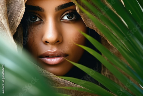 The beautiful face of an Arab woman is partially obscured by large palm leaves. The composition exudes an air of intrigue and elegance. Generative Ai, Ai.