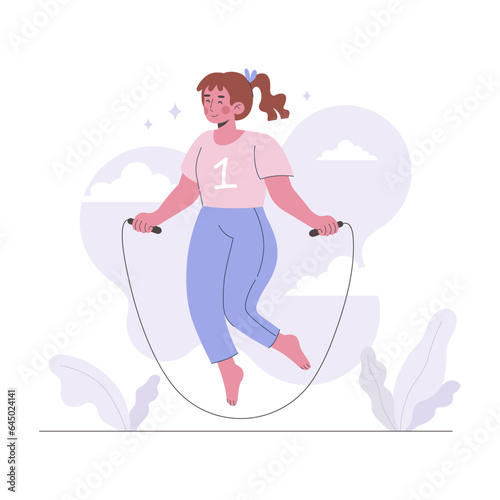 Fitness girl jumping rope. Slender taut female jumps. Athletic brunette young woman jumping. Active sports training simulators. Healthy lifestyle. Vector illustration