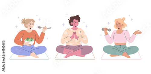 Healthy habits vector illustration. Exercise healthy eating and drinking enough water relaxation and effective daily life