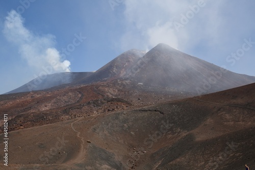 Etna national park panoramic view of volcanic landscape with crater, Catania, Sicily 