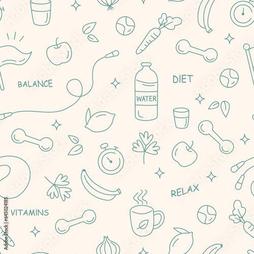 Healthy lifestyle. Seamless background drawn with a thin line. Vector illustration