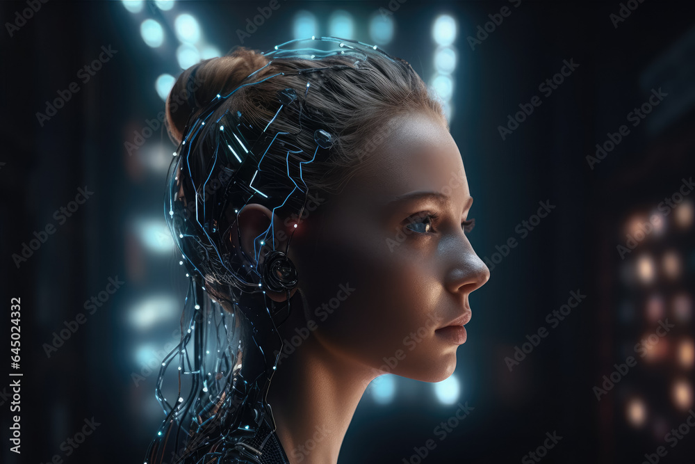 An exceptional portrayal of a humanoid robot, embodying a woman, and representing the remarkable advancements in artificial intelligence. Generative Ai, Ai. An exceptional portrayal of a humanoid robot, embodying a woman, and representing the remarkable advancements in artificial intelligence. Generative Ai, Ai.