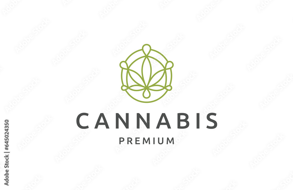 Cannabis with line art style logo design template flat vector