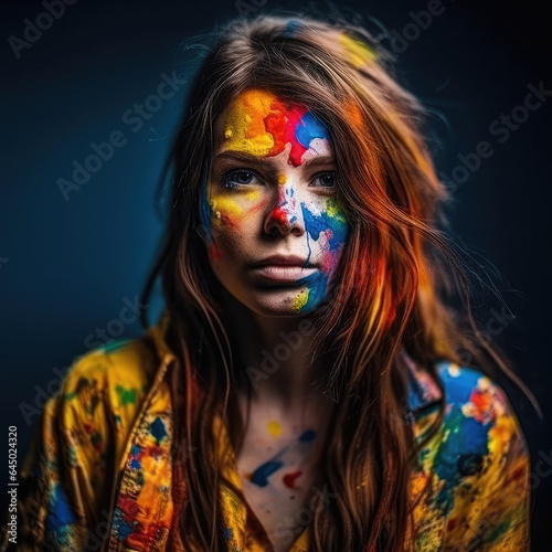 A beautiful Caucasian woman covered in colorful paint and dust  representing a creative concept. Generative Ai  Ai.