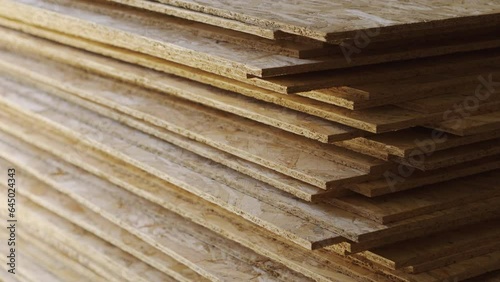 OSB sheets on a construction site. Close-up