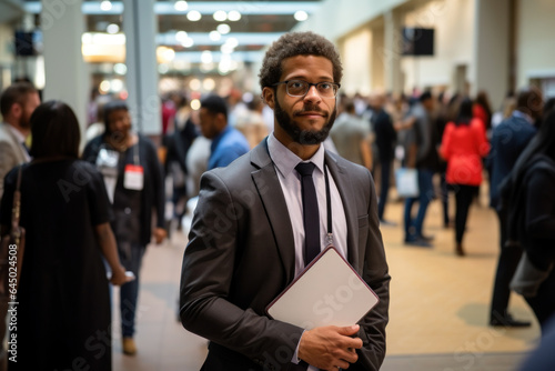 A person attends a career fair, interacting with potential employers and learning about diverse job opportunities. Generative Ai.