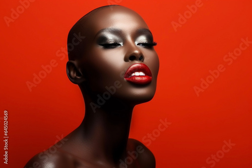 Close-up of African woman with colorful makeup. Female glamour model with vibrant makeup on red background.