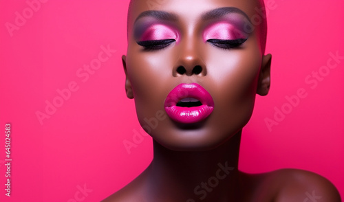 Close-up of African woman with colorful makeup. Glamour female model with vibrant makeup on solid background.