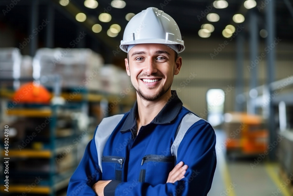 Portrait of Smiling Professional Heavy Industry Engineer. Worker Wearing Safety Uniform and Hard Hat. In the Background Unfocused Large Industrial Factory. Portrait of Smiling Professional Heavy Industry Engineer. Worker Wearing Safety Uniform and Hard Hat. In the Background Unfocused Large Industrial Factory.