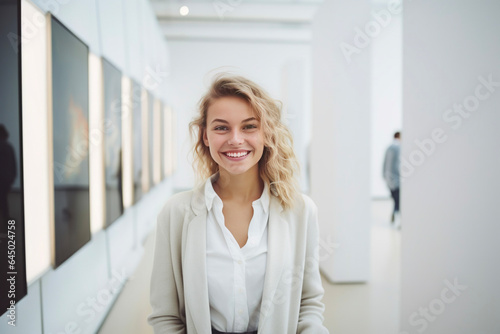 Portrait of a woman at an art gallery for an exhibition. Creative, culture and a museum manager with management of paintings, collection and curator of pictures at a studio. photo