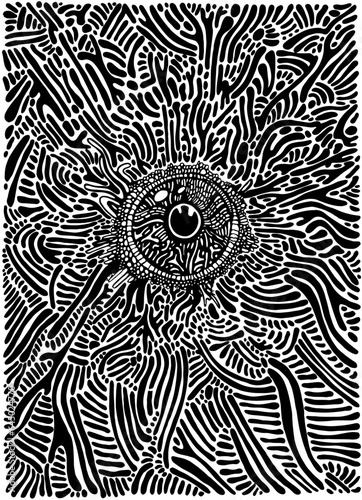 Fantastic black and white psychedelic eye, crazy pattern. Doodle coloring page. Abstract surreal texture.