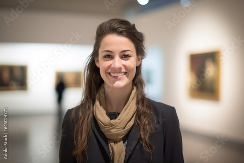 Portrait of a woman at an art gallery for an exhibition. Creative, culture and a museum manager with management of paintings, collection and curator of pictures at a studio. photo