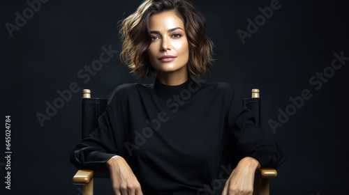 woman in a classic black turtleneck sits on a director's chair against a minimalist background