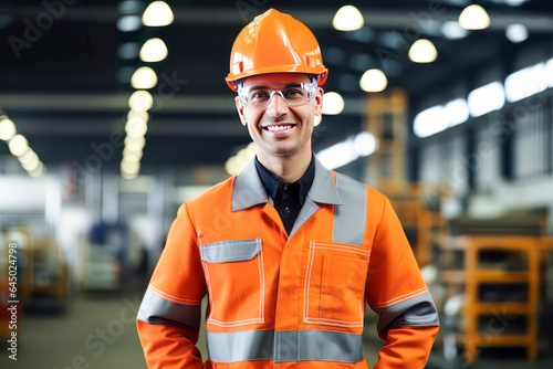 Portrait of Smiling Professional Heavy Industry Engineer. Worker Wearing Safety Uniform and Hard Hat. In the Background Unfocused Large Industrial Factory.
