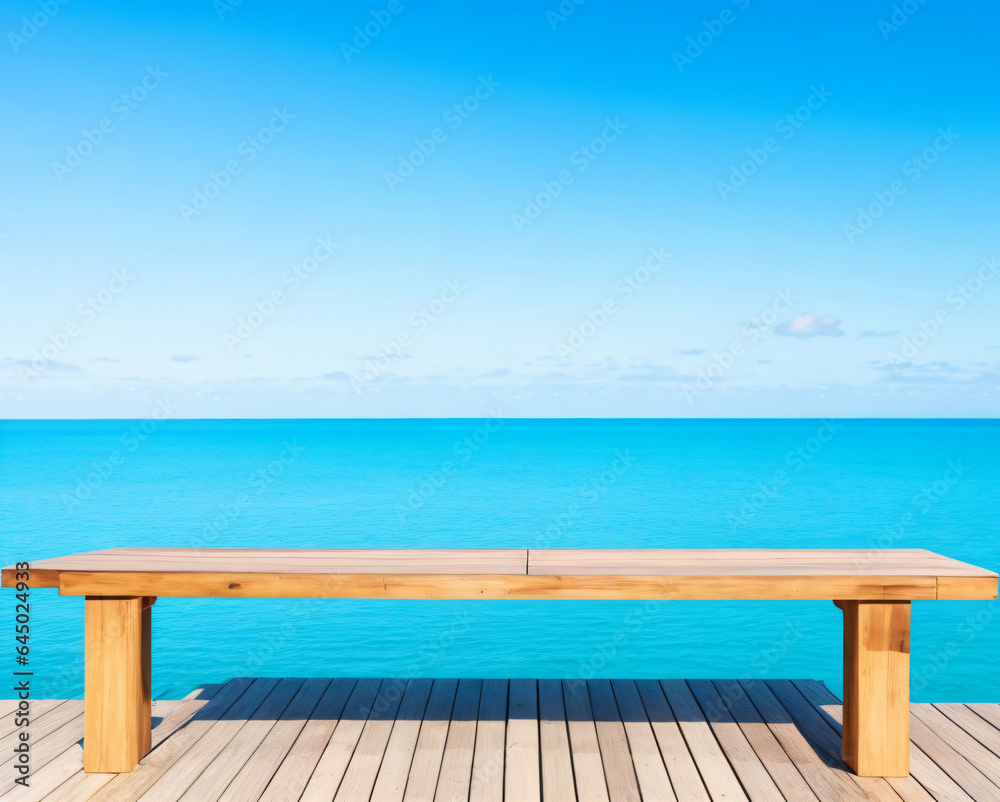 Wooden table on the background of the sea, island, and blue sky. High-quality photo