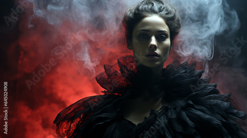 woman in a feather-trimmed robe stands amidst theatrical smoke against a dark, moody background