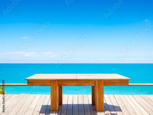 Wooden table on the background of the sea  island  and blue sky. High-quality photo