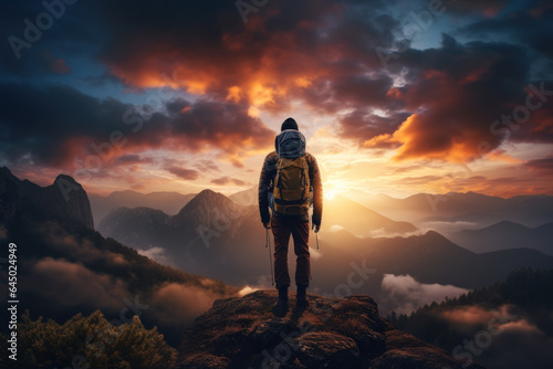A person captures a breathtaking sunset as they hike, appreciating the beauty of nature and its positive impact on mental wellbeing. Generative Ai. © Sebastian
