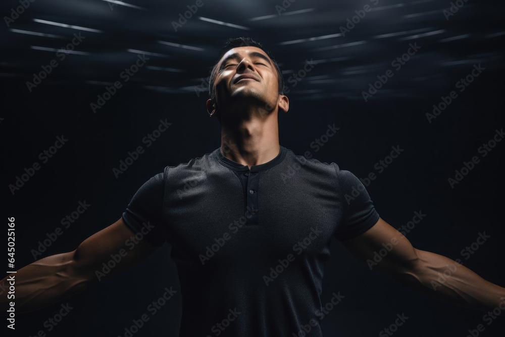 A person stands tall with arms extended overhead, stretching the entire spine and neck to alleviate tech neck discomfort. Generative Ai. A person stands tall with arms extended overhead, stretching the entire spine and neck to alleviate tech neck discomfort. Generative Ai.