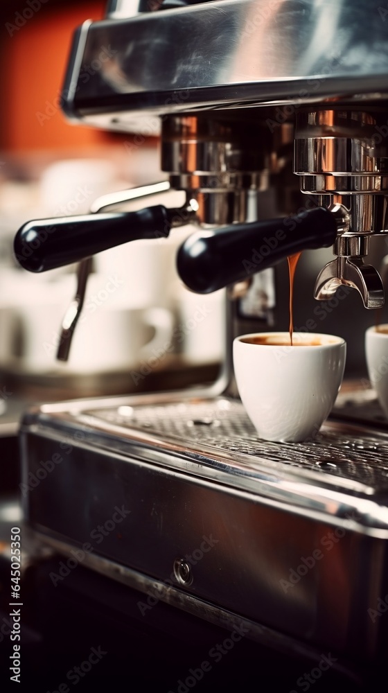 Espresso machine for making coffee in pub, bar, restaurant. View from the top of the counter.