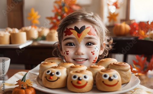 Close up of a child with a painted face smile, delightedly serving Thanksgiving