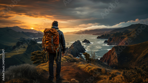 Solo adventure: backpacker gazes at wilderness horizon. 