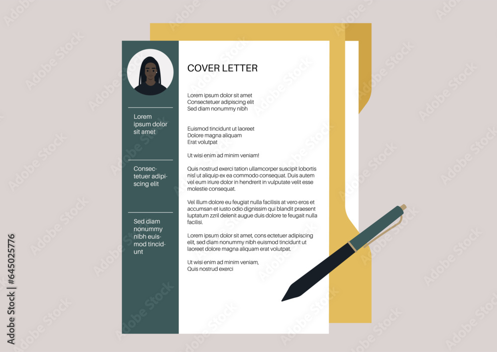 A yellow folder containing a professionally formatted cover letter ...