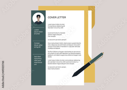 A yellow folder containing a professionally formatted cover letter template, representing a part of an HR professional's daily routine, ensuring well-prepared job application materials