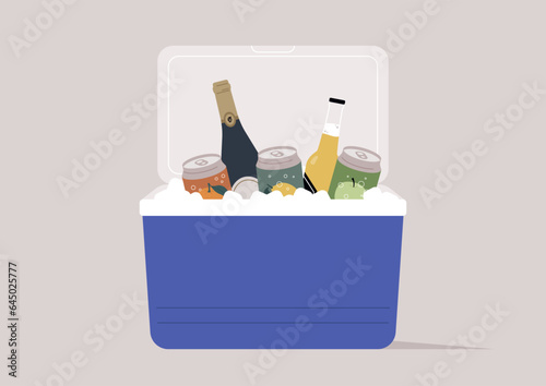 A picnic cooler stocked to the brim with an assortment of chilled beverages, including cans of soda, and bottles of beer and wine, ready to quench the thirst of outdoor enthusiasts photo
