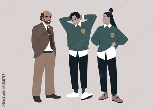 A candid illustration capturing students engaged in animated conversation with their professor in a bustling college hallway, epitomizing the everyday educational process