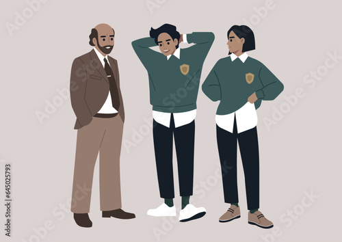 A candid illustration capturing students engaged in animated conversation with their professor in a bustling college hallway, epitomizing the everyday educational process