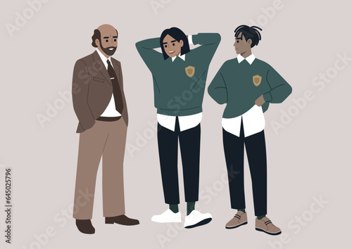 A candid illustration capturing students engaged in animated conversation with their professor in a bustling college hallway, epitomizing the everyday educational process