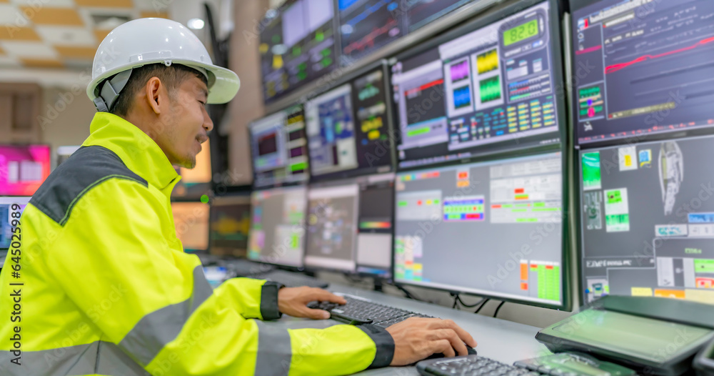 Engineer working at control room,Manager control system,Technician man monitoring program from a lot of monitor Engineer working at control room,Manager control system,Technician man monitoring program from a lot of monitor