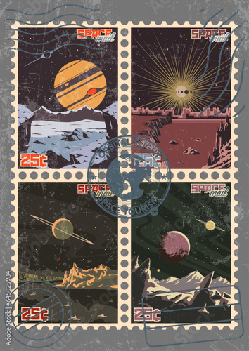Retro Future Space Landscape Postage Stamps Set. 1950s-1960s Vintage Style Planet Surface Post Illustrations