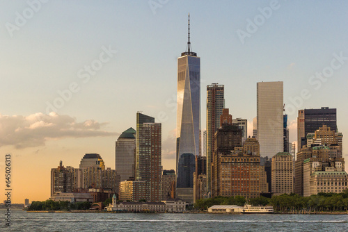 Lower Manhattan at sunset and the Freedom Tower.