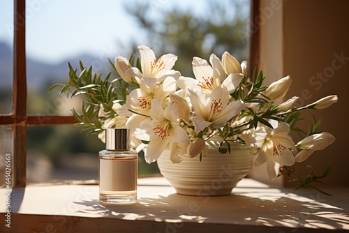 Container for cosmetics with a bouquet of white lilies. 
