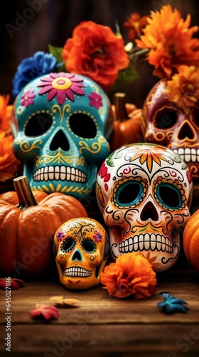 Day of the dead skulls, decorated mexican skulls next to halloween pumpkins.