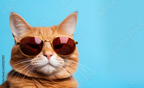 Closeup portrait of funny ginger cat wearing sunglasses isolated on light cyan. Copyspace. © MOUNSSIF