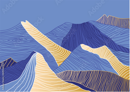 line art mountains on blye background. Vector line art illustration for print and digital items. photo