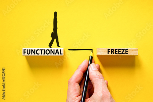 Functional freeze symbol. Concept words Functional freeze on beautiful wooden blocks. Beautiful yellowbackground. Businessman hand. Business psychology functional freeze concept. Copy space.