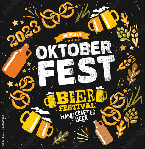 Welcome to Oktoberfest 2023 beer festival. Bavarian holiday, event horizontal banner. Pub party celebration invitation card, flyer, tag, poster, advertising, promotion.