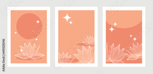 3 postcards with Outline lotus flowers on pink background. Vector line art illustration for print and digital items.