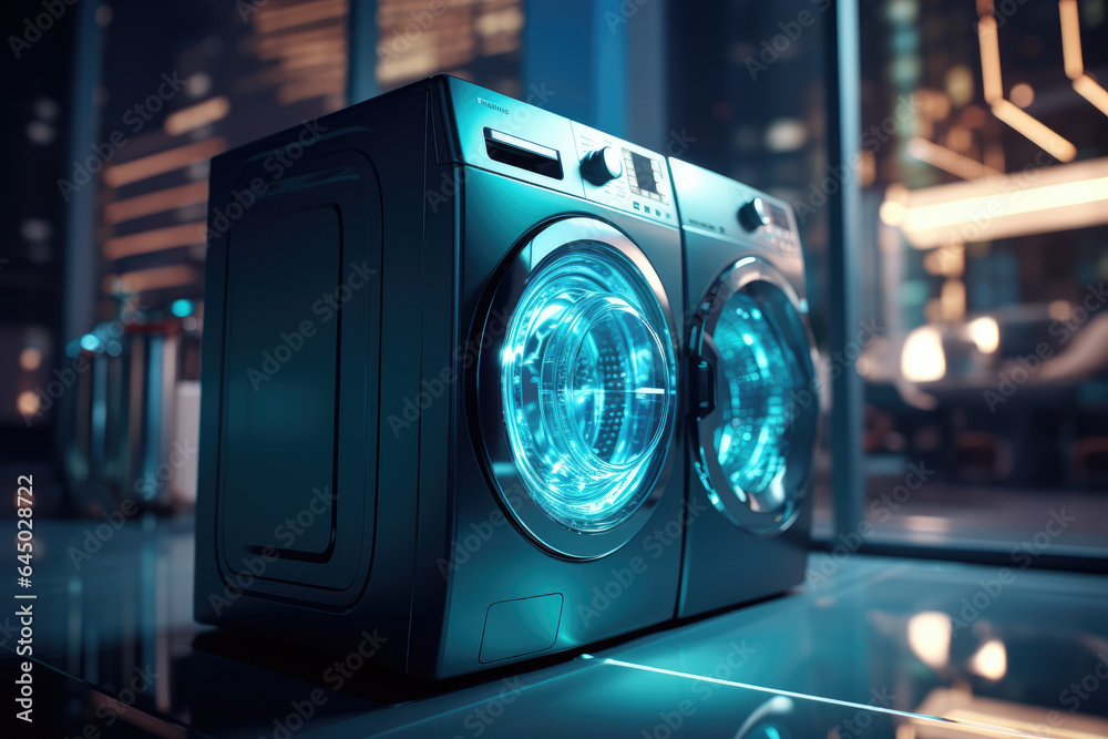 A smart washing machine with automatic detergent dispensing and cycle recommendations. Generative Ai. A smart washing machine with automatic detergent dispensing and cycle recommendations. Generative Ai.