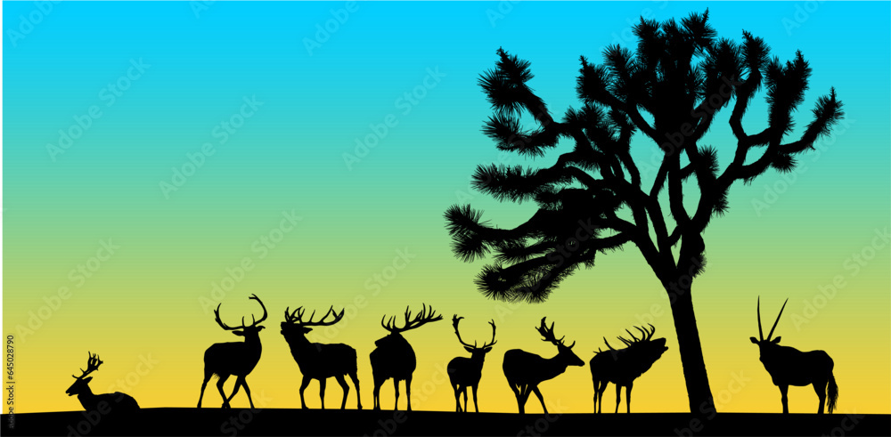 ciervo, animal, silueta, árbol, naturaleza, vector