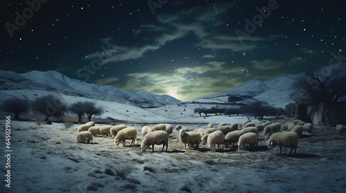 sheep grazing together in the snow on a starry night