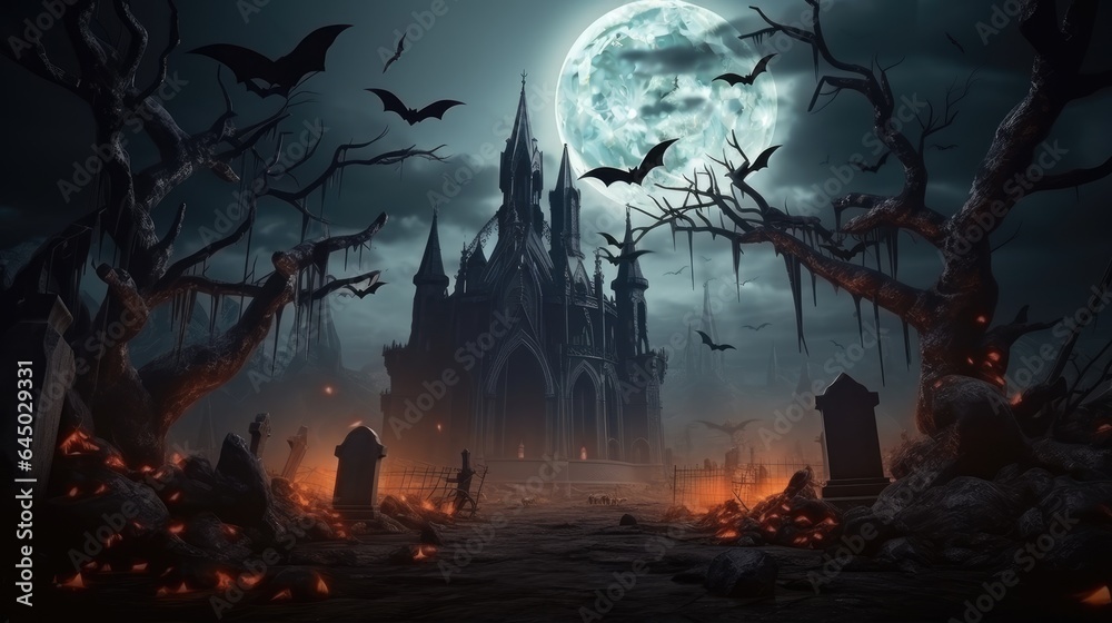 Halloween night illustration with dark castle cemetery - obrazy, fototapety, plakaty 