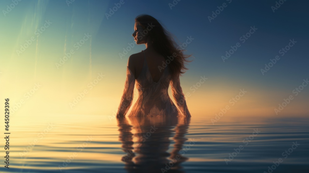 Woman in Yoga Full Body Backlit Pose in the breath taking Ocean. Generative AI image weber.