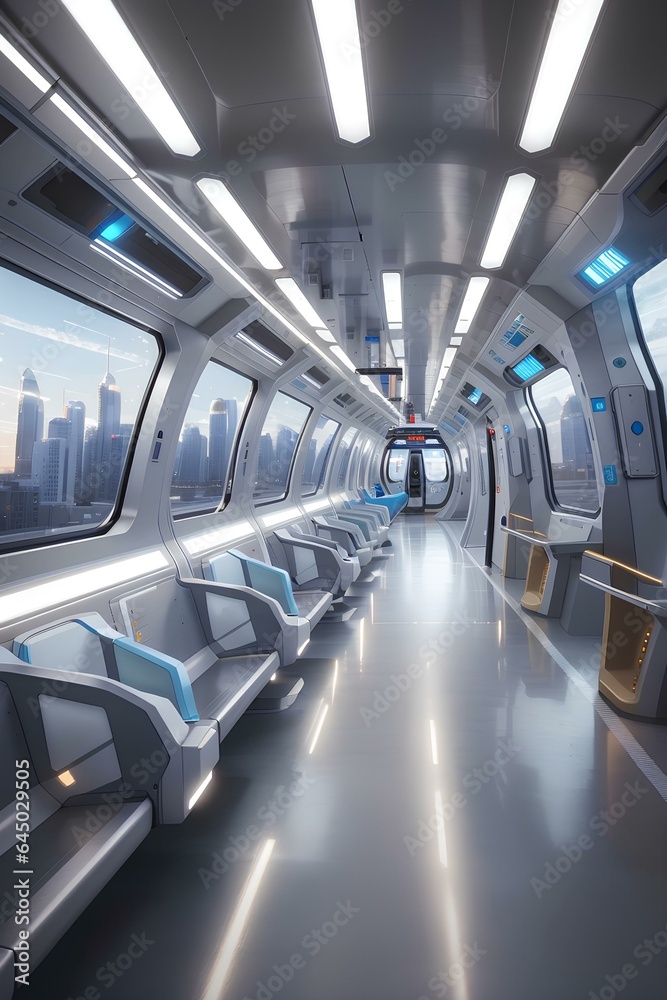 Interior of a Futuristic modern light rail system in a major city