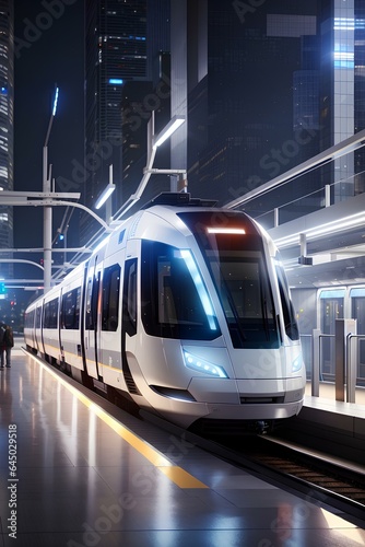 A Futuristic Modern above ground light rail system in a major city